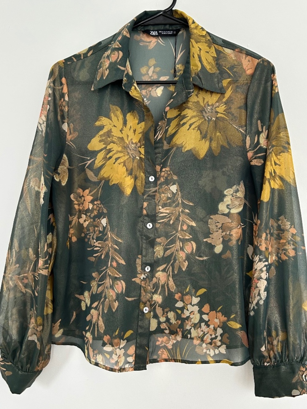 NWOT Zara Women’s Floral Sheer Chiffon Collared Button-Down Blouse